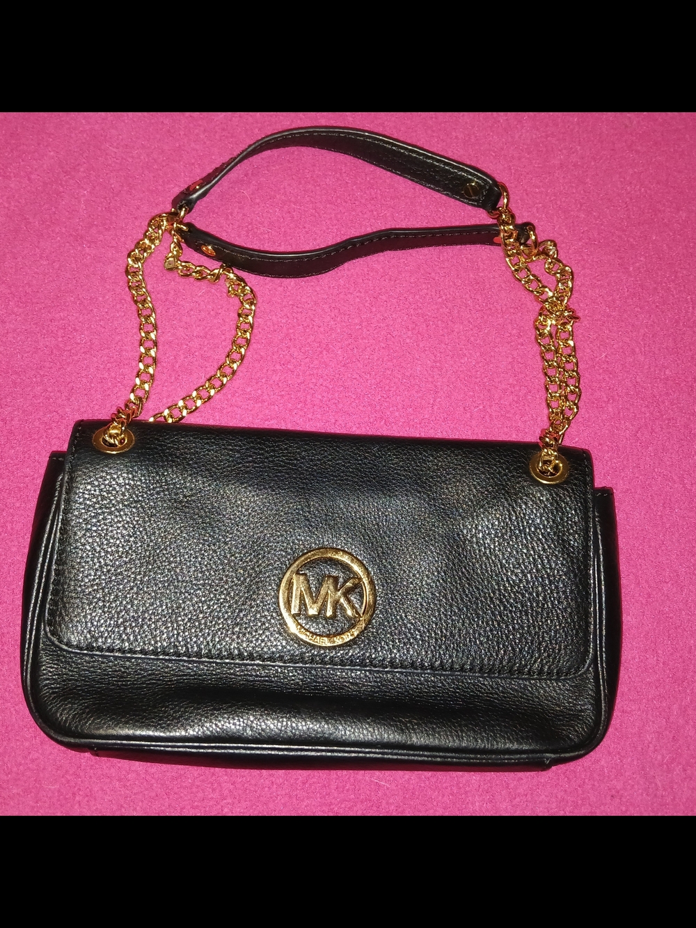 Michael Kors Black Pebbled Leather Shoulder Bag with Gold Chain